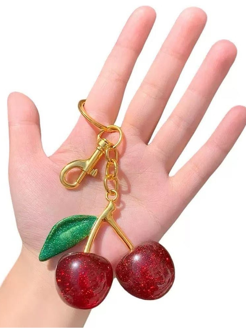 Gold-Tone Cherry Keychain Charm with Green Leaf